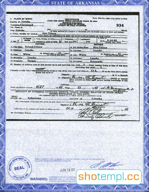 Arkansas Birth Certificates Template MS Word & PDF Format